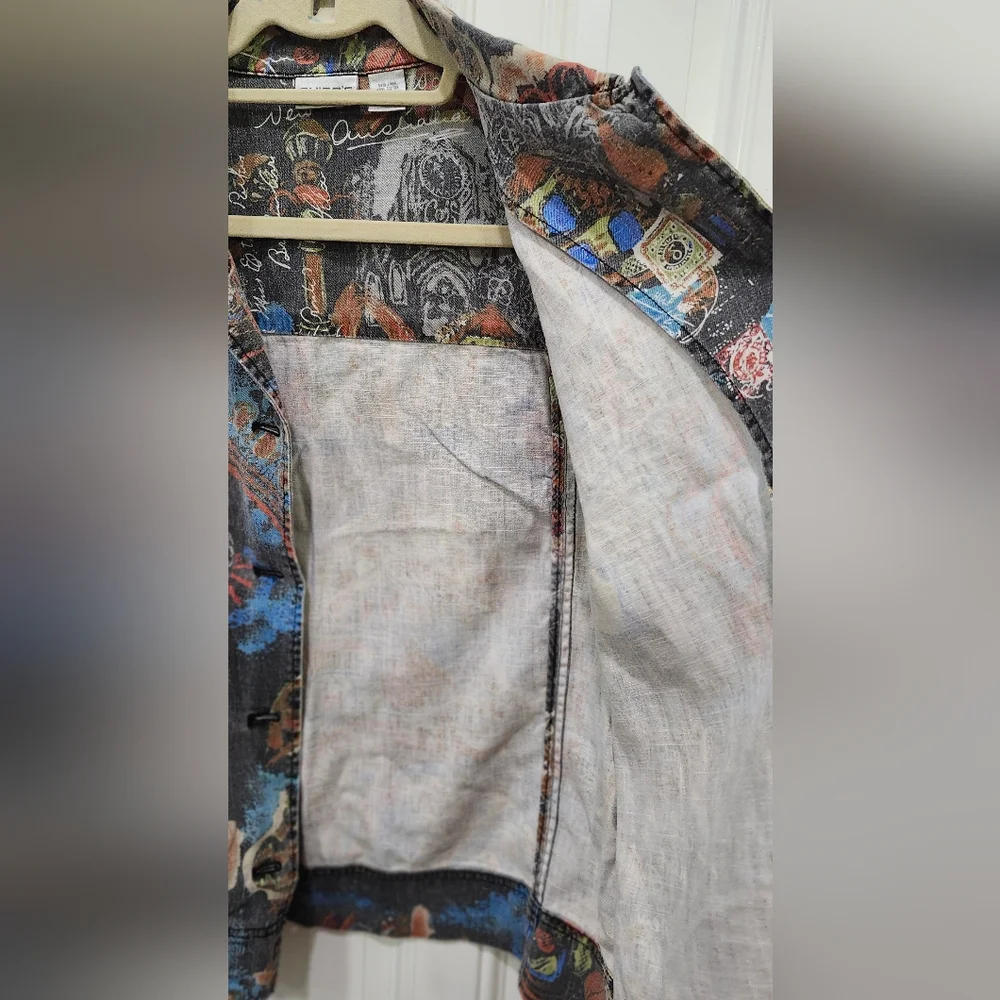 Chico's Black Linen Cotton Button Down Jacket Postcard Themed Print Women's 12
